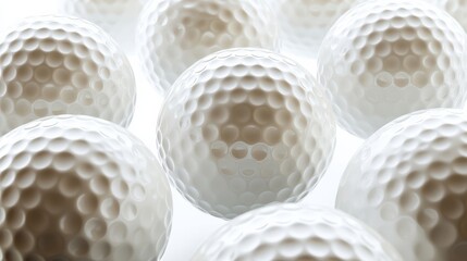 Close-up of white golf balls with dimpled surfaces arranged uniformly on a soft-lit background,