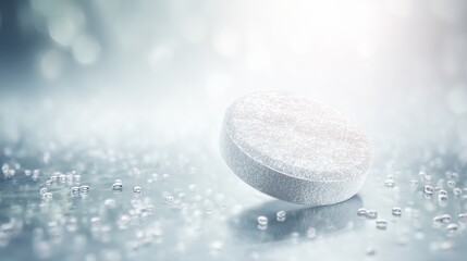 A close-up of a white effervescent tablet on a reflective surface. Small bubbles surround the tablet, creating a sparkling effect in soft light.
