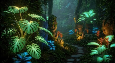 Naklejka premium Enchanting temple ruins amidst the vibrant flora of a mystical jungle setting