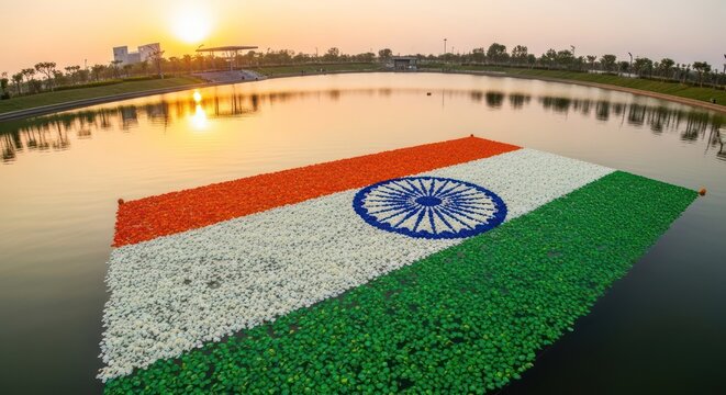 Indian tricolor flag creation from flowers floating on the lake with sunrise background