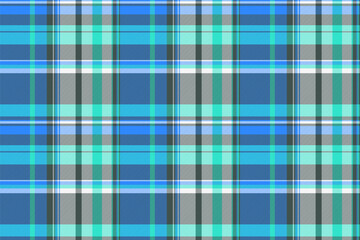 Fototapeta premium Modern tartan pattern in shades of blue, teal, gray and white. Seamless plaid background for textile design, fashion or decoration. Versatile, classic.
