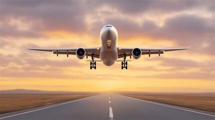Fototapeta premium Passenger airplane taking off from runway against dramatic sunset sky, symbolizing travel, aviation, freedom, global connection and transportation industry.