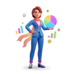 3D Business Woman Holding a Pie Chart for Financial Analysis
