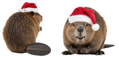 two beavers (castor fiber) on a white background wearing santa hats.