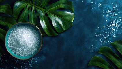 Obraz na płótnie Canvas Spa-themed, dark teal background with tropical leaves and bowl of sea salt