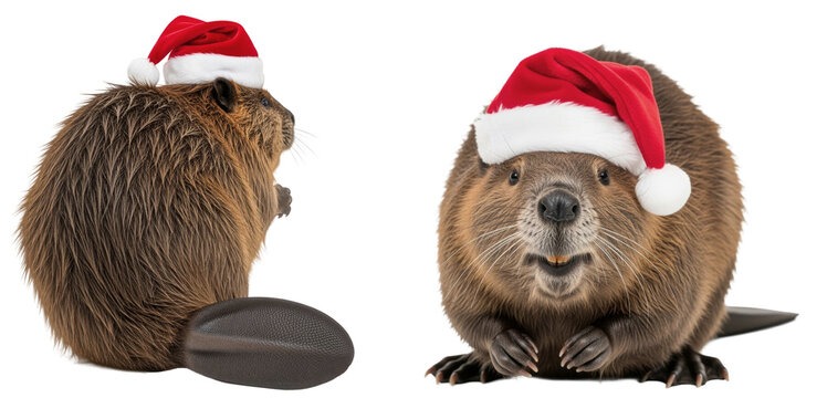 two beavers (castor fiber) on a white background wearing santa hats.