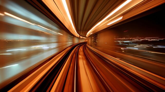 A high-speed train blurs through a subway tunnel at night,