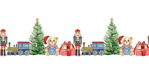 Watercolor hand drawn Christmas border with Teddy Bear, nutcracker, train, christmas gifts and decorative christmas tree. Perfect for packing, fabric, paper  and others