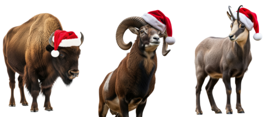 Set of a bison, a mouflon and a chamois wearing festive santa hats