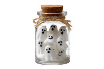 A Halloween jar filled with miniature ghosts, isolated on a transparent background.