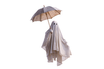 A Halloween ghost carrying a broken umbrella, isolated on a transparent background.