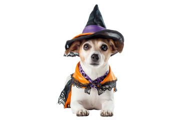 A Halloween skeleton dog wearing a witch hat, isolated on a transparent background.