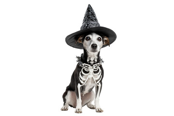 A Halloween skeleton dog wearing a witch hat, isolated on a transparent background.