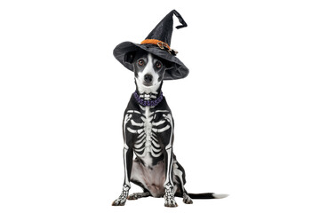 A Halloween skeleton dog wearing a witch hat, isolated on a transparent background.