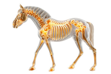A Halloween skeleton horse with glowing bones, isolated on a transparent background.