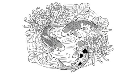 Obraz premium Koi fish with chrysanthemum isolated on white background, a traditional japanese tattoo design featuring two koi fish swimming in a circle surrounded by chrysanthemum flowers