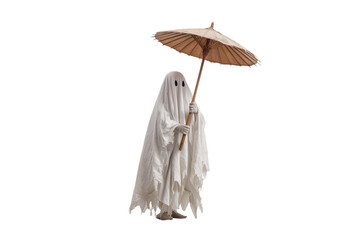 A Halloween ghost carrying a broken umbrella, isolated on a transparent background.