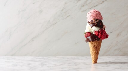 A single conical ice cream cone with stacked scoops, featuring vanilla and chocolate ice cream, fresh raspberries,