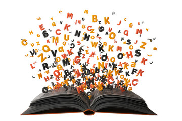 A Halloween book of spells with floating letters, isolated on a transparent background.