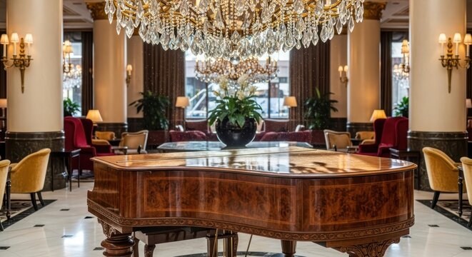 Opulent hotel lobby featuring a grand piano beneath a sparkling crystal chandelier - Powered by Adobe