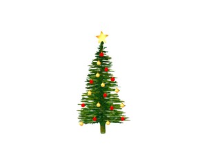 Watercolor festive Christmas tree decorated with red yellow balls garland golden star on top hand drawn isolated on white background