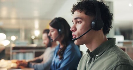 Business, call center and man in workplace, communication and contact us with tech support. People, consultation and employees in office, headset and customer service with help desk, talking and crm - Powered by Adobe