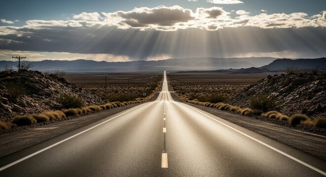 A long desert road with bright sunlight beaming through the clouds creates a sense of journey and