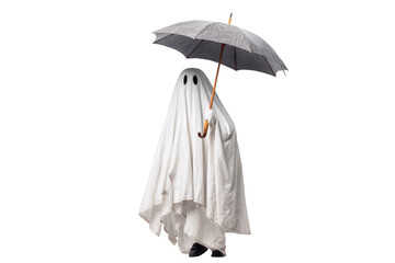 A Halloween ghost carrying a broken umbrella, isolated on a transparent background.