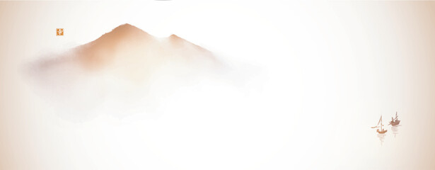 Minimalist sumi-e vector background with misty mountains and a small sailboats on calm water in vintage style. Traditional Japanese ink wash painting sumi-e. Hieroglyph - happiness