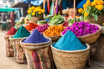 Fototapeta premium Colorful spices and flowers on display at a vibrant market in India during the day