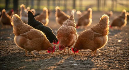 Flock of chickens pecking for food in warm golden hour sunlight on farm ground