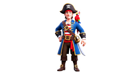 jolly rogers matey a charming 3d cartoon pirate with parrot, isolated on transparent background