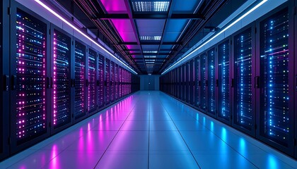 A futuristic server room glows with pink and blue neon lighting, highlighting rows of data storage units down a long corridor.