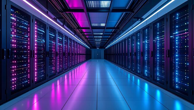 A futuristic server room glows with pink and blue neon lighting, highlighting rows of data storage units down a long corridor. 