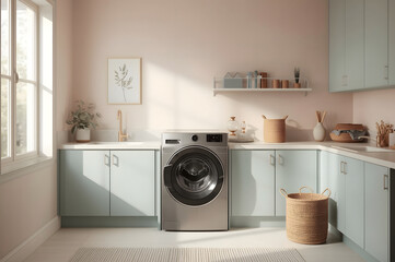 Interior of pastel colors laundry room with modern washing machine.