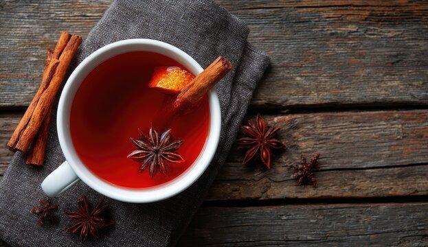Aromatic spiced tea in a white cup on a rustic wooden table