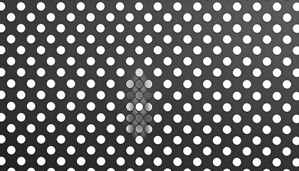 An abstract graphic design features a repeating pattern of white circles against a dark background, with a section of the grid seemingly missingx