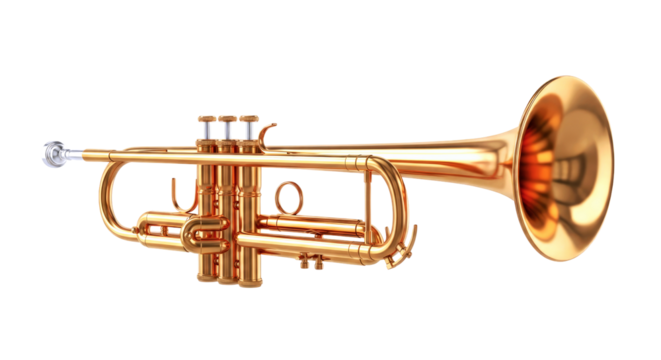 golden trumpet 3d model jazz age elegance for digital musicians, isolated on transparent background