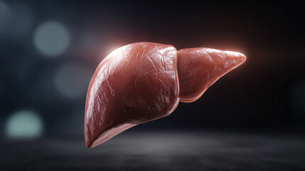 realistic 3D render of human liver isolated on dark background with soft rim light educational medical illustration illustration concept scene visual for commercial design use high detail quality