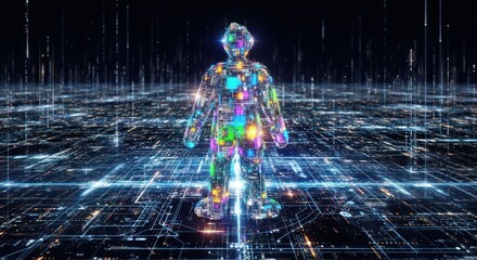 Digital avatar standing in the metaverse, a futuristic vision of augmented reality