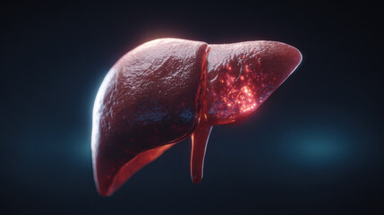 realistic 3D render of human liver isolated on dark background with soft rim light educational medical illustration illustration concept scene visual for commercial design use high detail quality