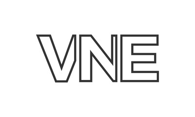 VNE logo design template with strong and modern bold text. Initial based vector logotype featuring simple and minimal typography. Trendy company identity.