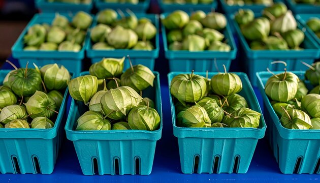 Rows of small turquoise baskets display tomatillos at a market. The round, green fruits are enclosed in papery husks. Sunlight highlights the textures, showing freshness and vibrant colors