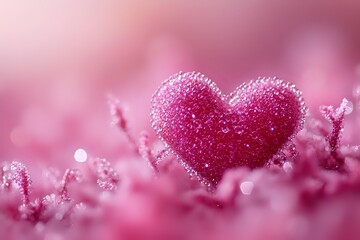 Fototapeta premium Sparkling pink heart shape covered in delicate frost crystals against soft blurred background with magical bokeh lights, romantic winter holiday concept.