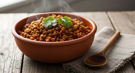 Fragrant lentil stew served in rustic bowl with fresh cilantro garnish