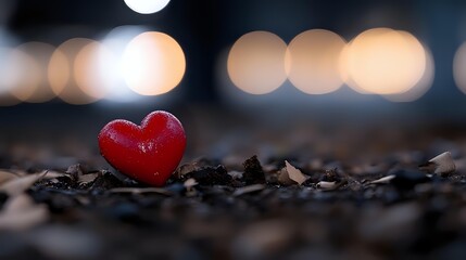 Fototapeta premium Red heart shape on dark ground with soft bokeh lights in background, romantic Valentine concept for love messages and greeting cards.