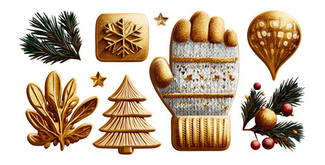 Decorative Christmas Icons with Gold Accents and Winter Themed Elements
