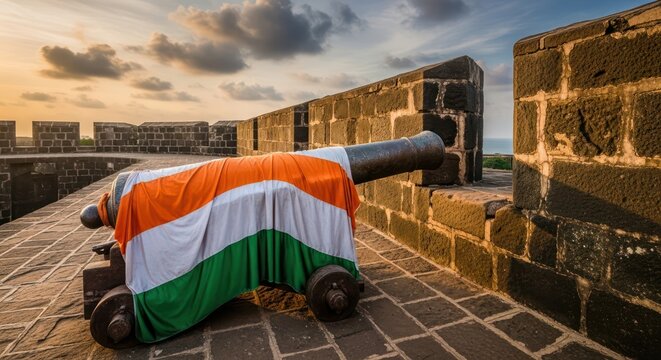 Historic Indian fort overlooking scenic horizon with cannon draped in national flag - Powered by Adobe