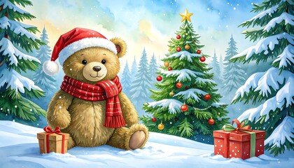 A teddy bear in a Santa hat sits in a snowy forest near a Christmas tree