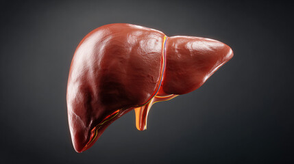 realistic 3D render of human liver isolated on dark background with soft rim light educational medical illustration illustration concept scene visual for commercial design use high detail quality